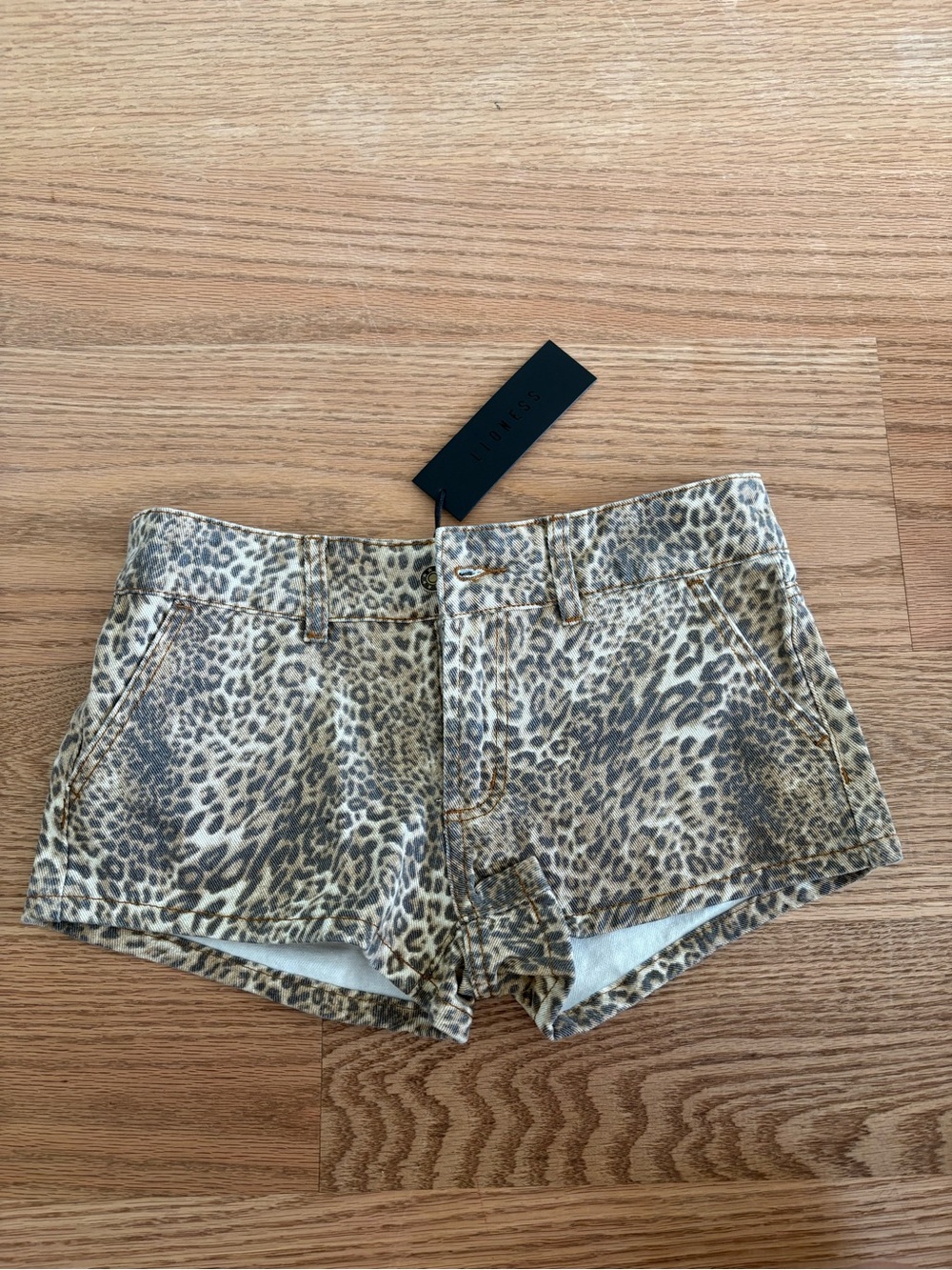 Lioness Leopard Print Denim Shorts in Tan and Brown